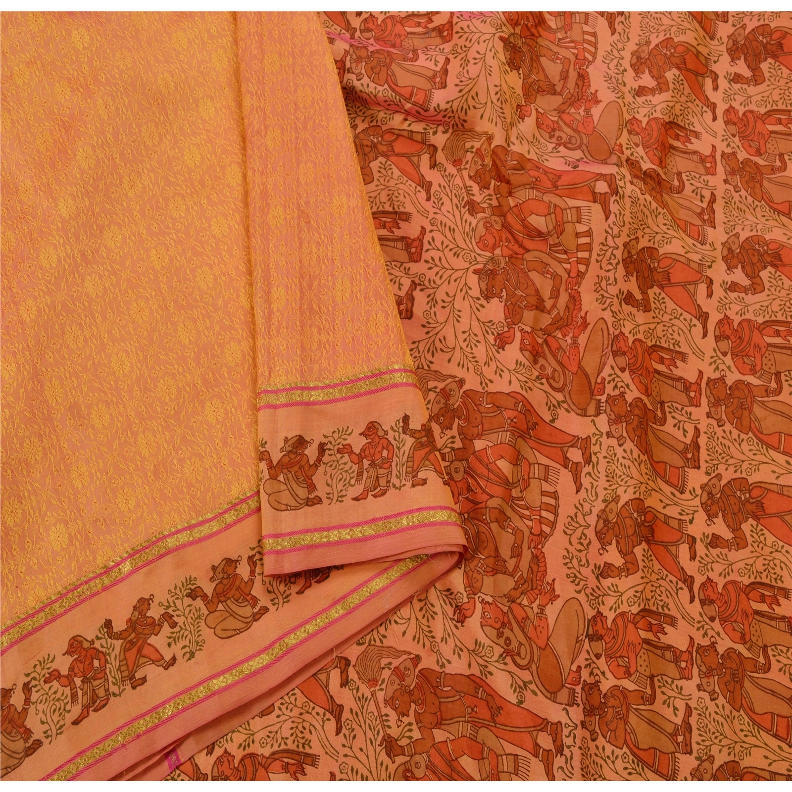 Sanskriti Vintage Peach Sarees Pure Silk Woven &amp; Printed Craft 5 Yd Fabric Sari, PS-52975-Peach-Woven/Printed Work-100% Pure Silk-1