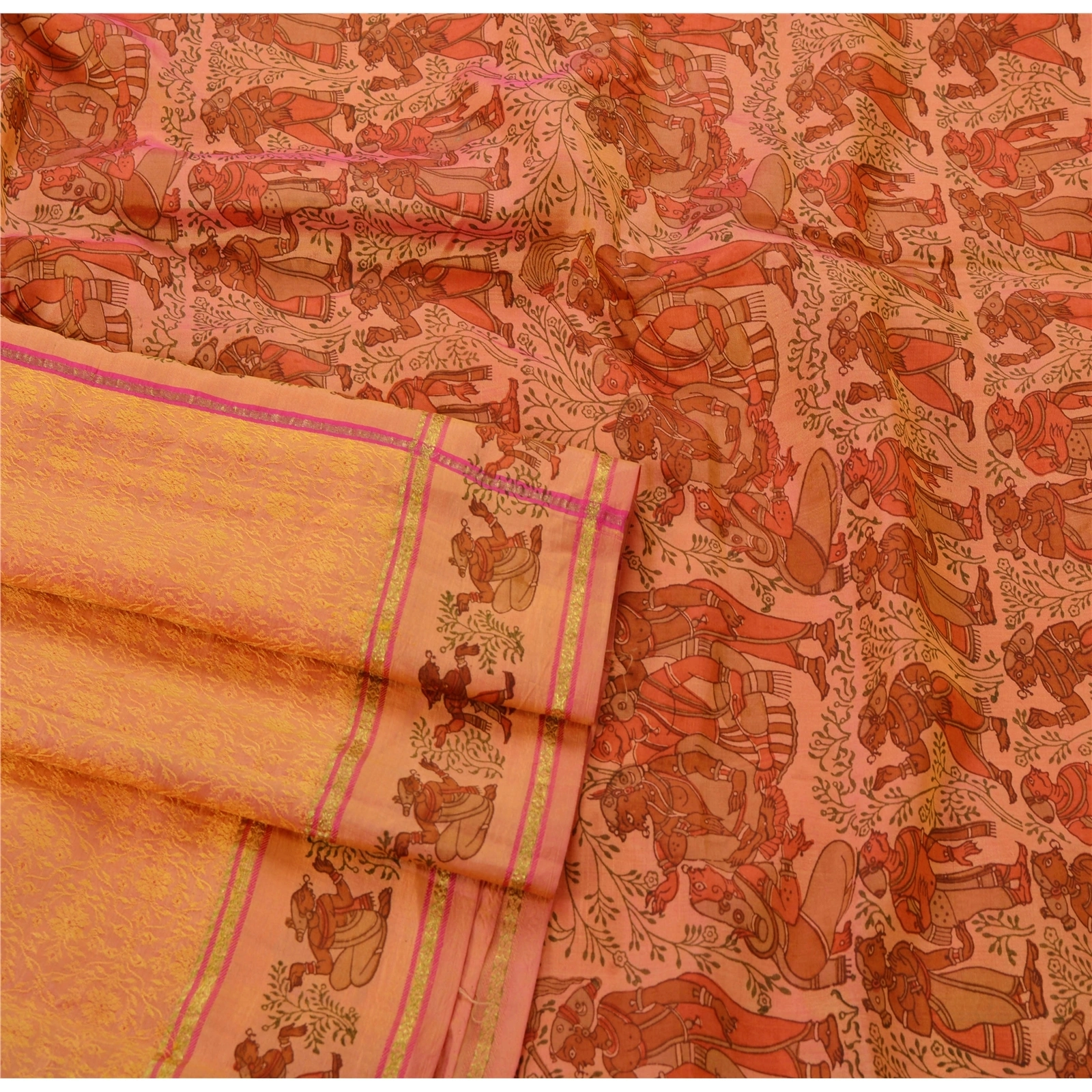 Sanskriti Vintage Peach Sarees Pure Silk Woven &amp; Printed Craft 5 Yd Fabric Sari, PS-52975-Peach-Woven/Printed Work-100% Pure Silk-2