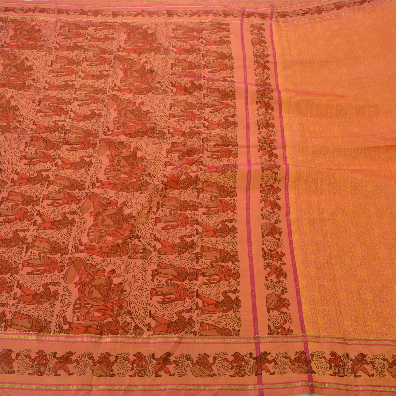 Sanskriti Vintage Peach Sarees Pure Silk Woven &amp; Printed Craft 5 Yd Fabric Sari, PS-52975-Peach-Woven/Printed Work-100% Pure Silk-5