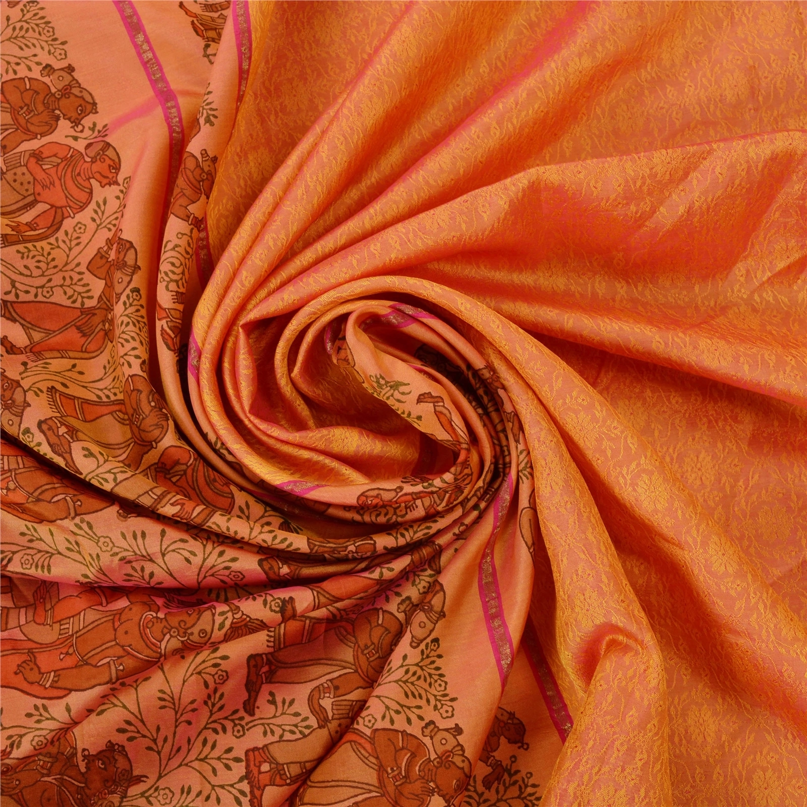 Sanskriti Vintage Peach Sarees Pure Silk Woven &amp; Printed Craft 5 Yd Fabric Sari, PS-52975-Peach-Woven/Printed Work-100% Pure Silk-6