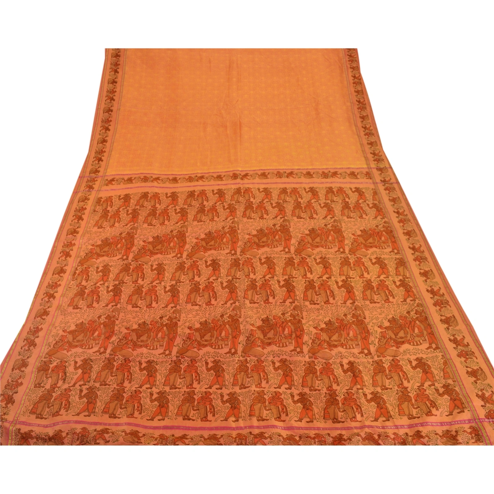 Sanskriti Vintage Peach Sarees Pure Silk Woven &amp; Printed Craft 5 Yd Fabric Sari, PS-52975-Peach-Woven/Printed Work-100% Pure Silk-7