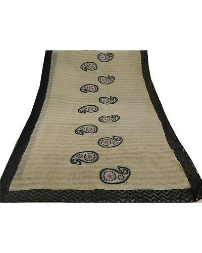 Sanskriti Vintage Cream Sarees Art Silk Embroidered Woven Craft 5 Yd Fabric Sari, PS-53004-Cream-Thread/Woven Work-Art Silk-7