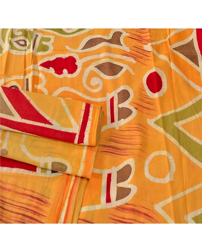 Sanskriti Vintage Yellow Sarees Pure Cotton Batik Work Craft Fabric Premium Sari, PS-53068-Yellow-Batik Work-100% Pure Cotton-1