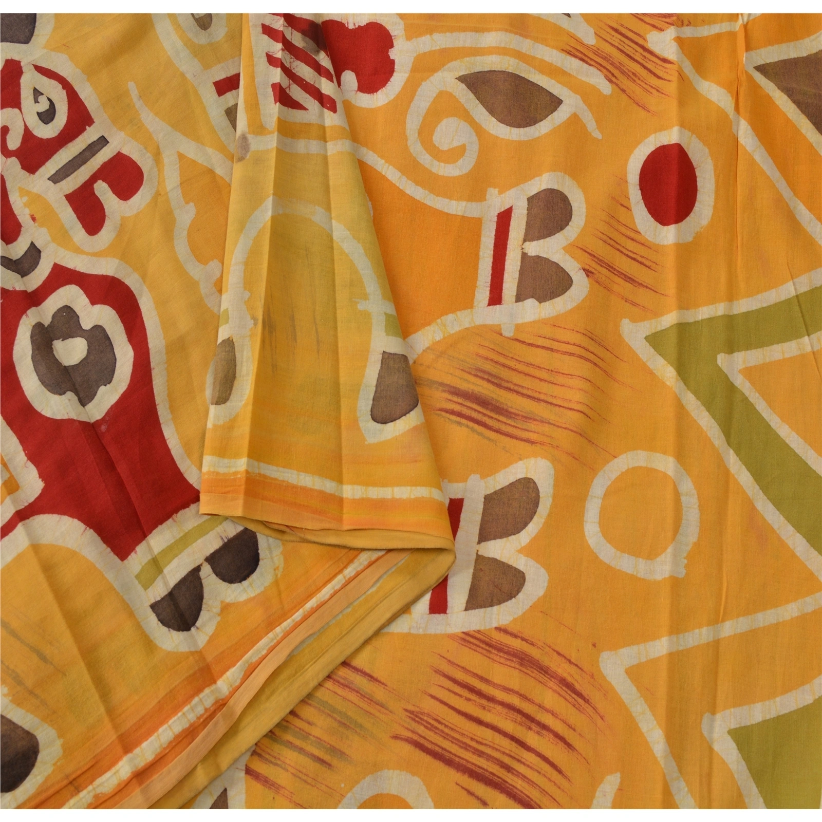 Sanskriti Vintage Yellow Sarees Pure Cotton Batik Work Craft Fabric Premium Sari, PS-53068-Yellow-Batik Work-100% Pure Cotton-2