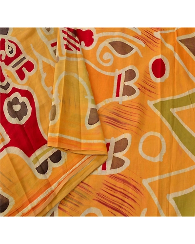Sanskriti Vintage Yellow Sarees Pure Cotton Batik Work Craft Fabric Premium Sari, PS-53068-Yellow-Batik Work-100% Pure Cotton-2