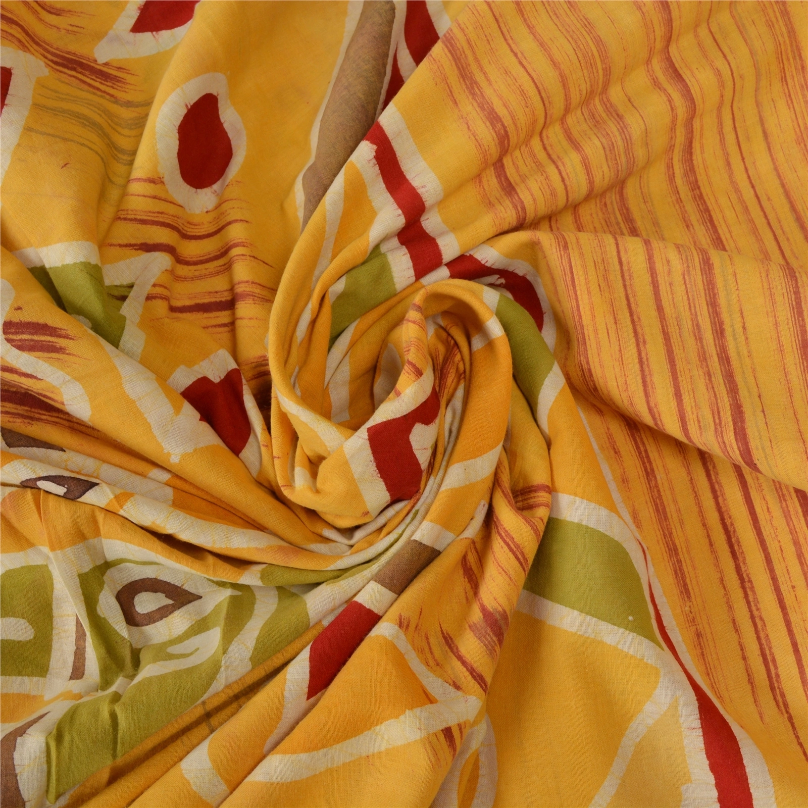 Sanskriti Vintage Yellow Sarees Pure Cotton Batik Work Craft Fabric Premium Sari, PS-53068-Yellow-Batik Work-100% Pure Cotton-6