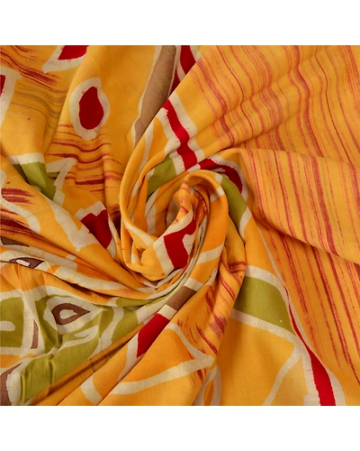 Sanskriti Vintage Yellow Sarees Pure Cotton Batik Work Craft Fabric Premium Sari, PS-53068-Yellow-Batik Work-100% Pure Cotton-6