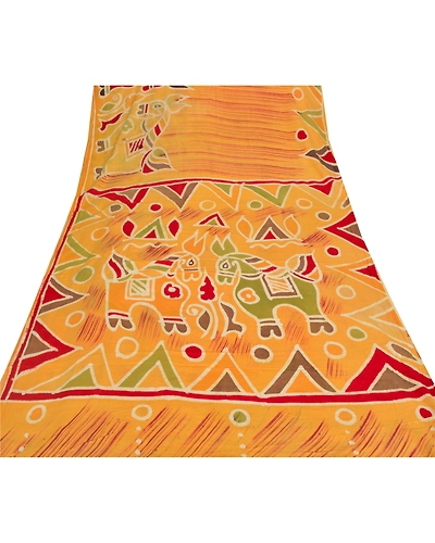 Sanskriti Vintage Yellow Sarees Pure Cotton Batik Work Craft Fabric Premium Sari, PS-53068-Yellow-Batik Work-100% Pure Cotton-7