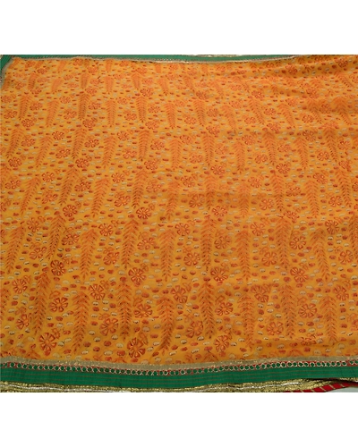 Sanskriti Vintage Orange Sarees Blend Georgette Embroidered Craft Fabric Sari, PS-53229-Saffron-Patch Work-Blend Georgette-5