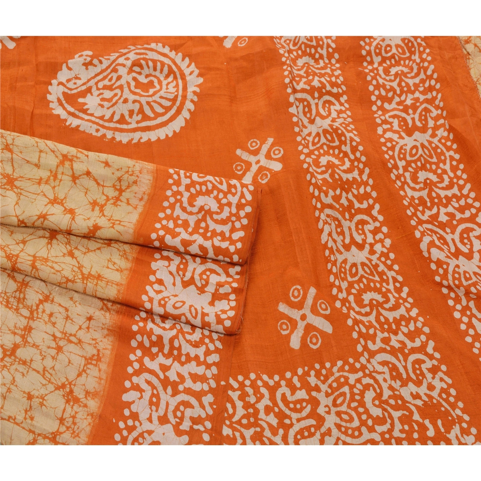 Sanskriti Vintage Cream Sarees Pure Silk Batik Work Craft 5 Yd Soft Fabric Sari, PS-53341-Cream-Batik Work-100% Pure Silk-2