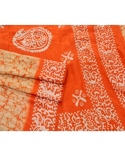 Sanskriti Vintage Cream Sarees Pure Silk Batik Work Craft 5 Yd Soft Fabric Sari, PS-53341-Cream-Batik Work-100% Pure Silk-2