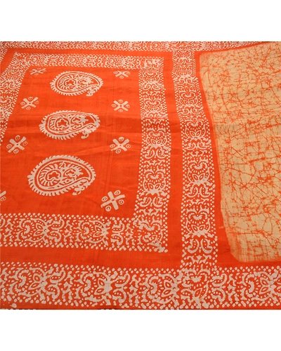 Sanskriti Vintage Cream Sarees Pure Silk Batik Work Craft 5 Yd Soft Fabric Sari, PS-53341-Cream-Batik Work-100% Pure Silk-5