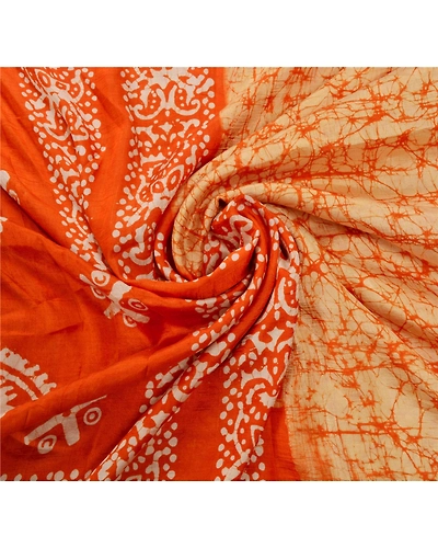 Sanskriti Vintage Cream Sarees Pure Silk Batik Work Craft 5 Yd Soft Fabric Sari, PS-53341-Cream-Batik Work-100% Pure Silk-6