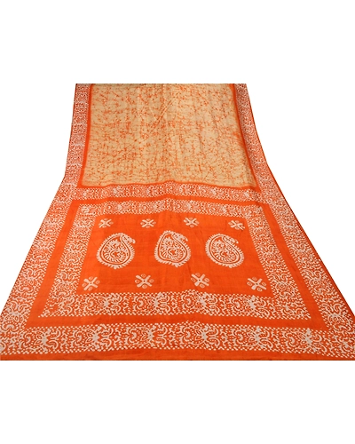 Sanskriti Vintage Cream Sarees Pure Silk Batik Work Craft 5 Yd Soft Fabric Sari, PS-53341-Cream-Batik Work-100% Pure Silk-7