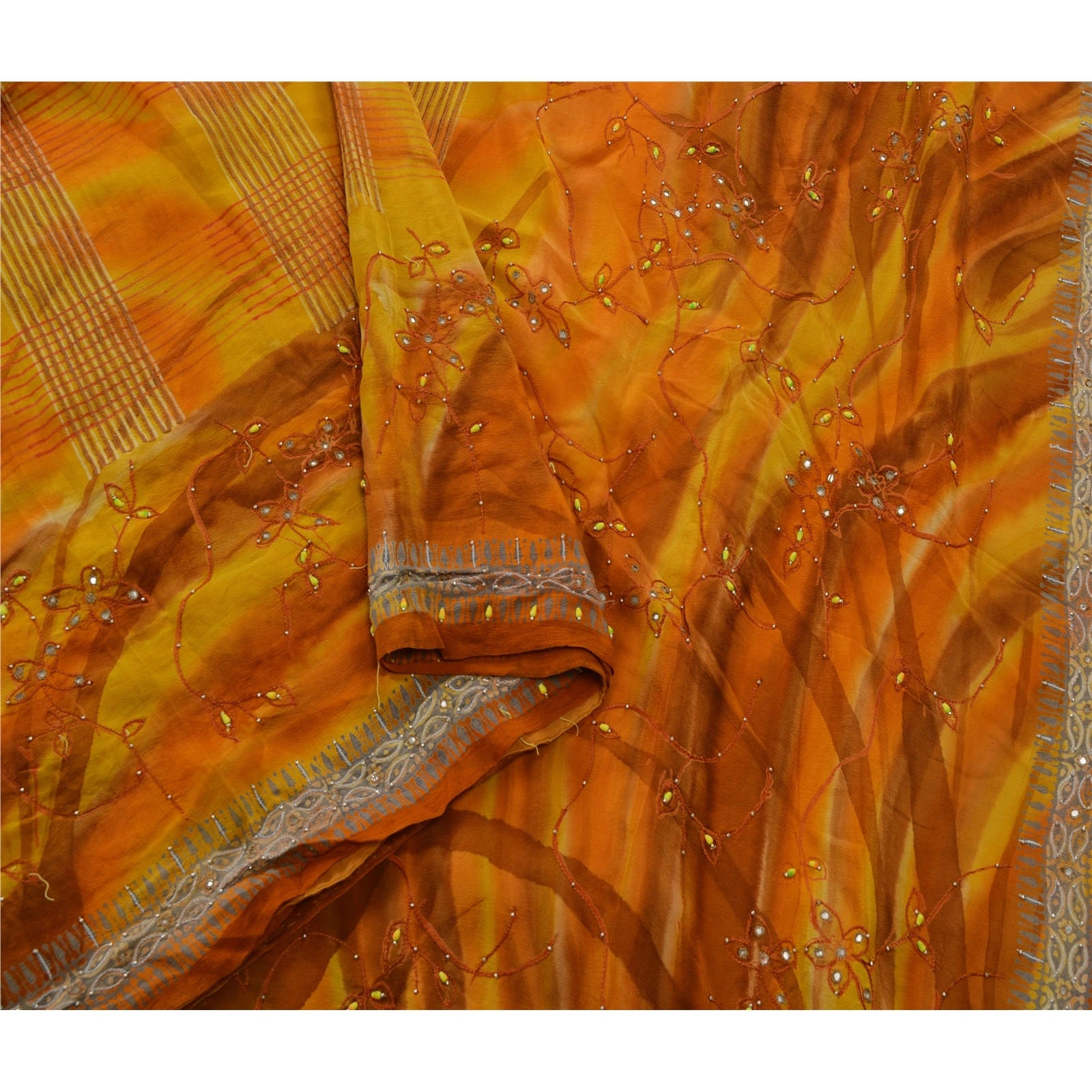 Sanskriti Vintage Sarees Pure Crepe Silk Hand Beaded Craft Fabric Premium Sari, PS-53413-Saffron-Beaded Work-100% Pure Crepe Silk-1