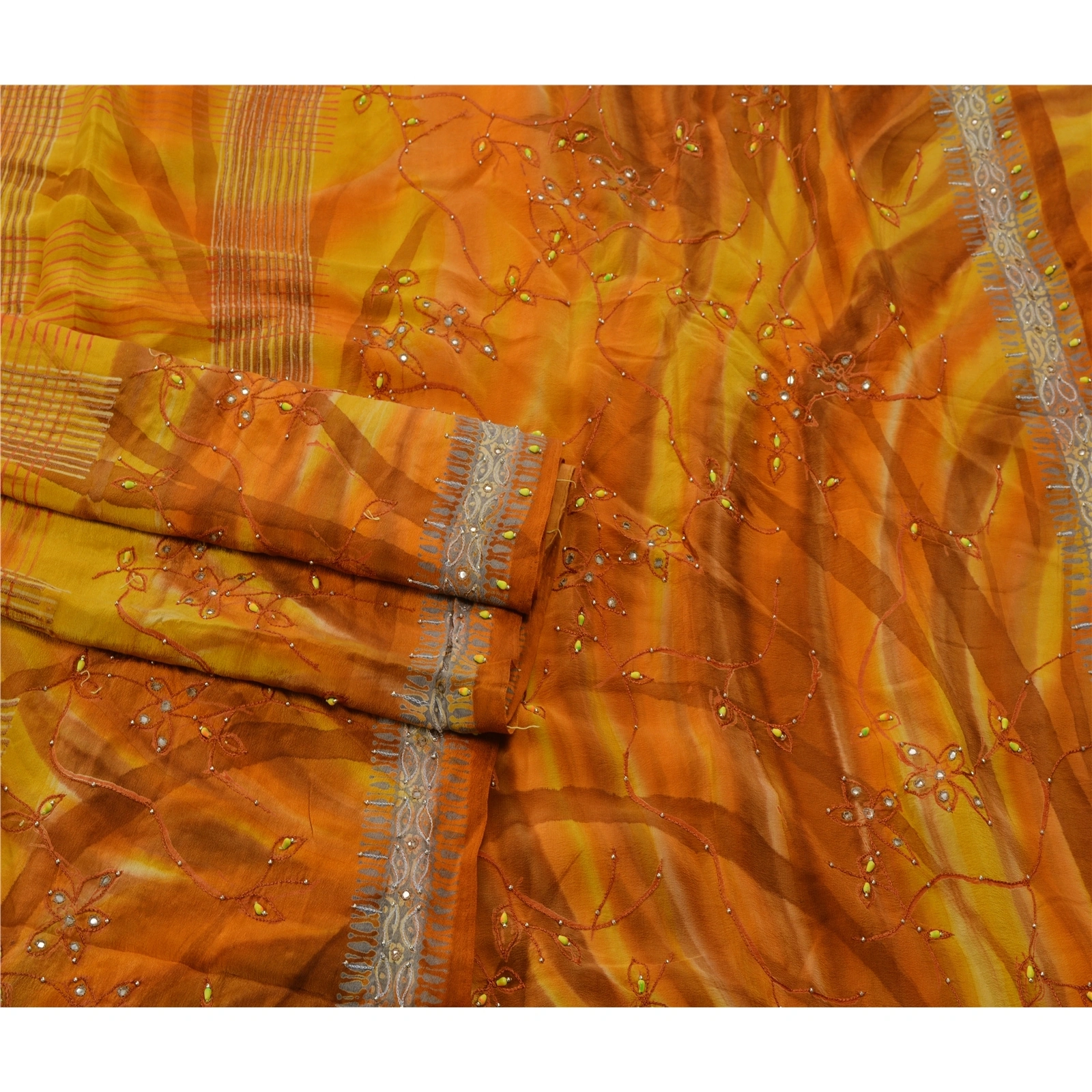 Sanskriti Vintage Sarees Pure Crepe Silk Hand Beaded Craft Fabric Premium Sari, PS-53413-Saffron-Beaded Work-100% Pure Crepe Silk-2