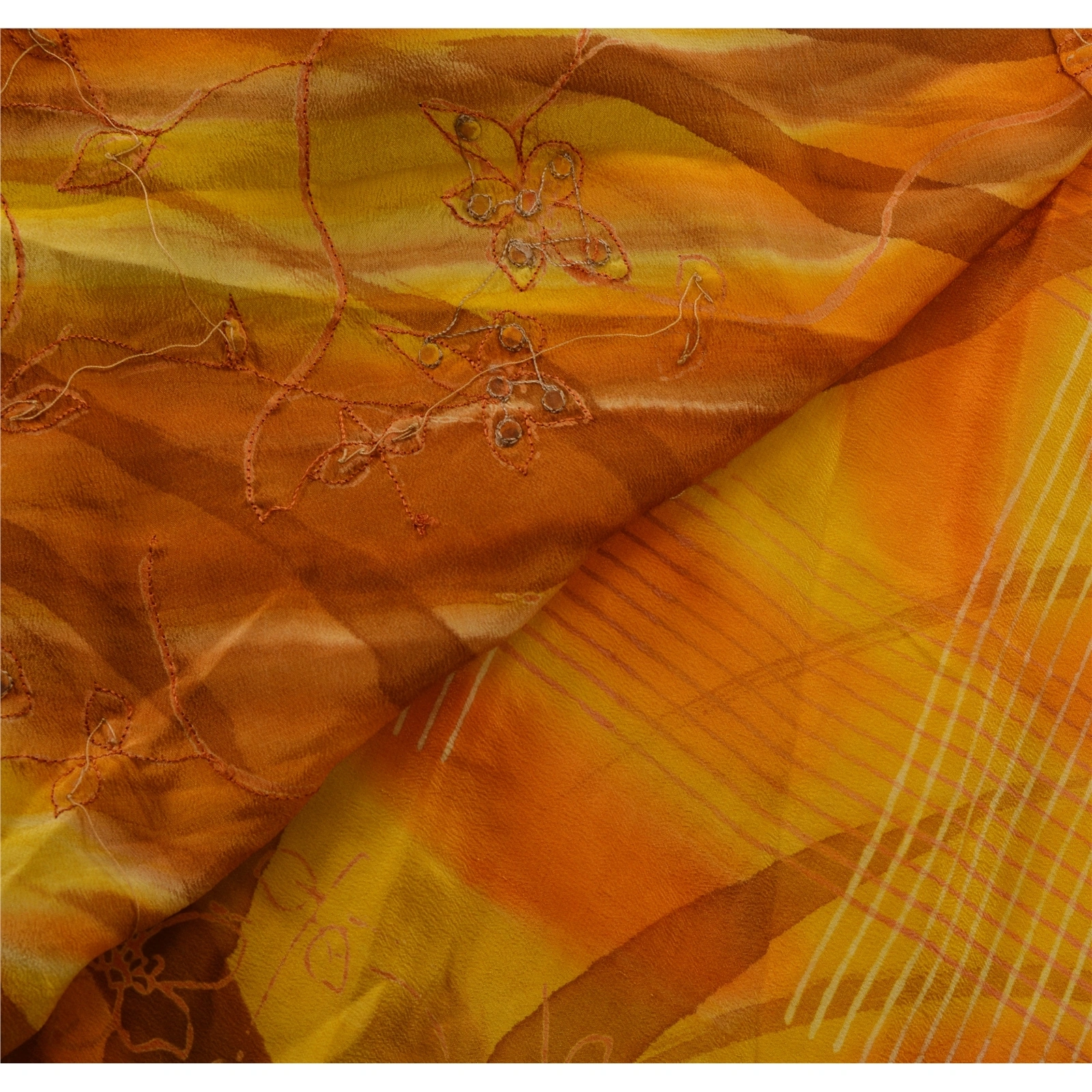 Sanskriti Vintage Sarees Pure Crepe Silk Hand Beaded Craft Fabric Premium Sari, PS-53413-Saffron-Beaded Work-100% Pure Crepe Silk-3