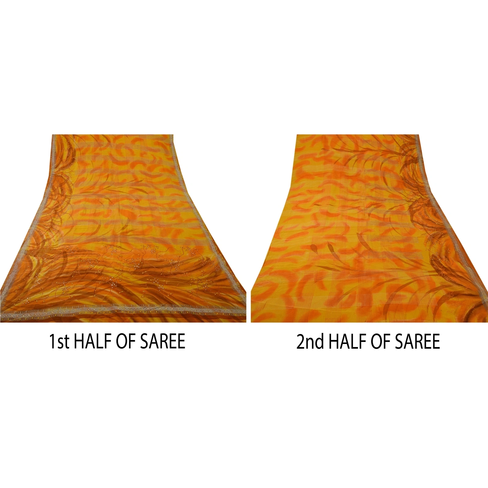 Sanskriti Vintage Sarees Pure Crepe Silk Hand Beaded Craft Fabric Premium Sari, PS-53413-Saffron-Beaded Work-100% Pure Crepe Silk-4