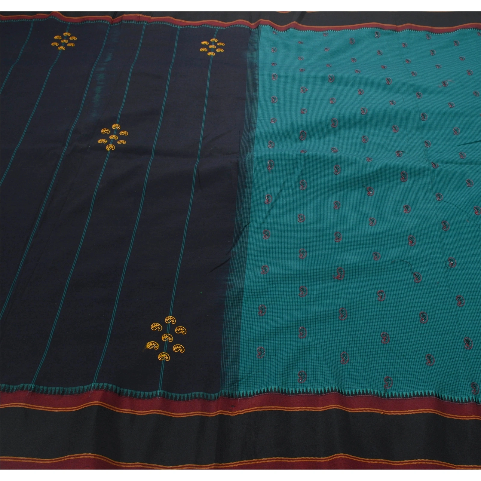 Sanskriti Vintage Green Sarees Cotton Embroidered Woven Fabric Premium Sari, PS-53547-Green-Thread Work-Cotton-5