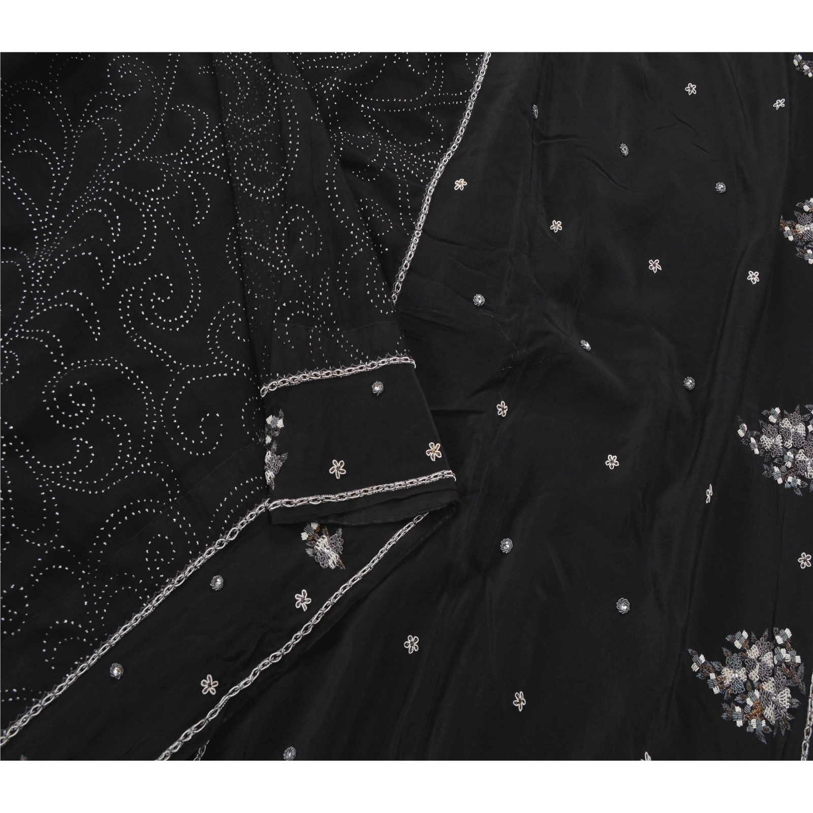 Sanskriti Vintage Black Sarees Net Mesh Hand Beaded Mukesh Work Fabric Sari, PS-53549-Black-Zardozi Work-Net-3