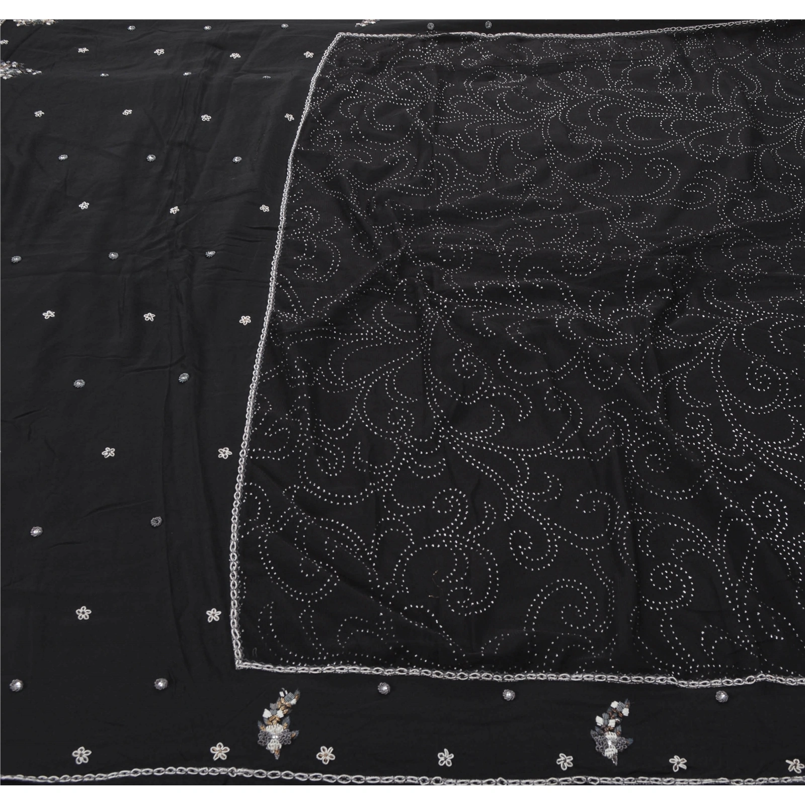 Sanskriti Vintage Black Sarees Net Mesh Hand Beaded Mukesh Work Fabric Sari, PS-53549-Black-Zardozi Work-Net-5