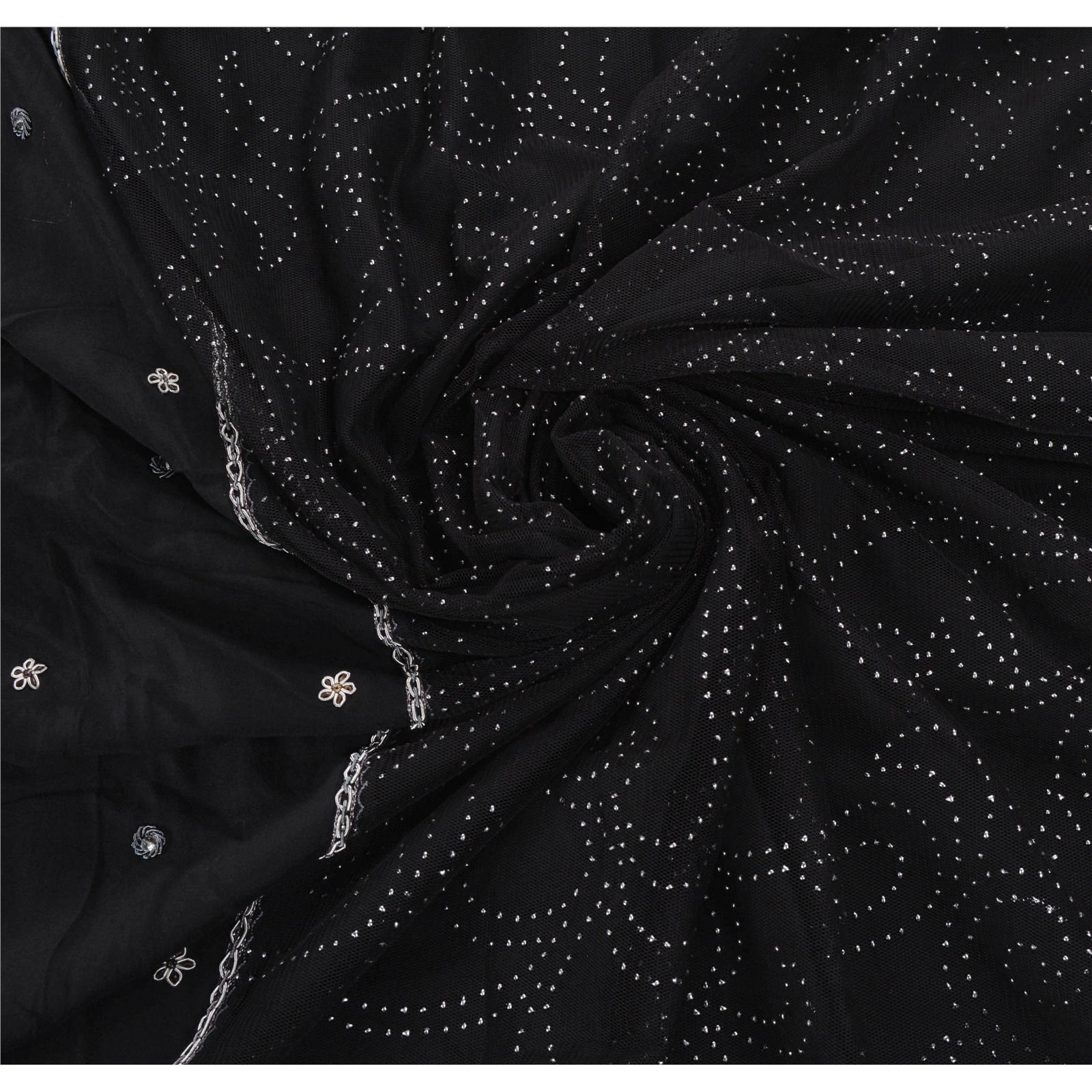 Sanskriti Vintage Black Sarees Net Mesh Hand Beaded Mukesh Work Fabric Sari, PS-53549-Black-Zardozi Work-Net-6