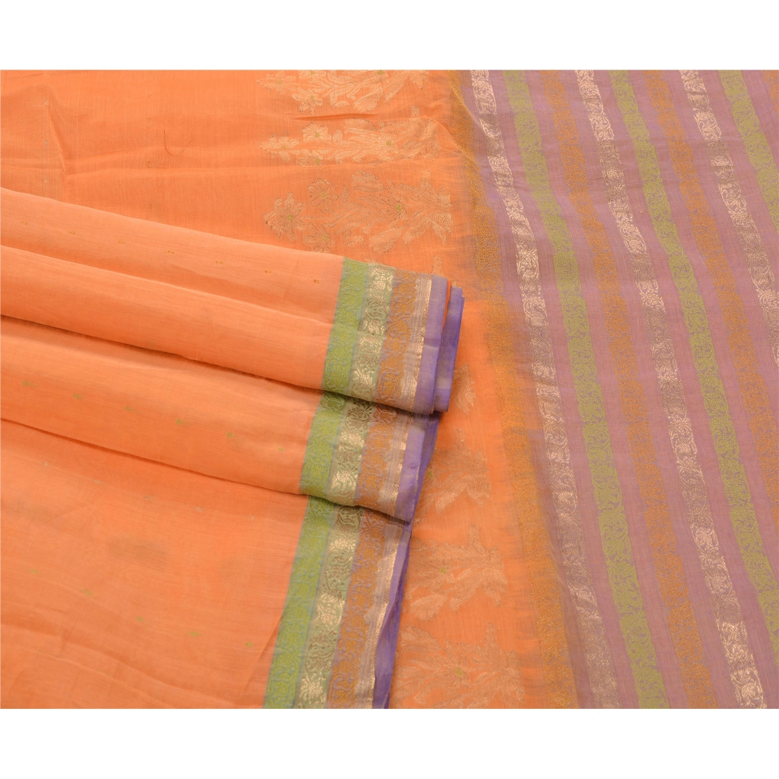 Sanskriti Vintage Peach Sarees Blend Silk Woven Craft Fabric Premium 5 Yard Sari, PS-53551-Peach-Woven Work-Blend Silk-2