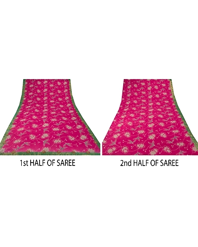 Sanskriti Vintage Sarees Pure Georgette Silk Hand Beaded Bollywood Sari Fabric, PS-53598-Pink-Lace Work-100% Pure Georgette Silk-4