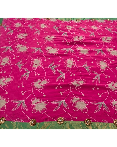 Sanskriti Vintage Sarees Pure Georgette Silk Hand Beaded Bollywood Sari Fabric, PS-53598-Pink-Lace Work-100% Pure Georgette Silk-5