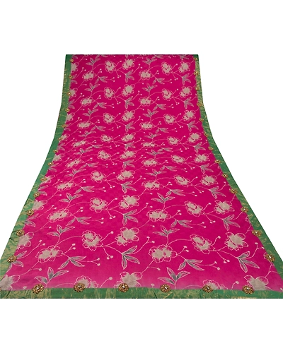 Sanskriti Vintage Sarees Pure Georgette Silk Hand Beaded Bollywood Sari Fabric, PS-53598-Pink-Lace Work-100% Pure Georgette Silk-7