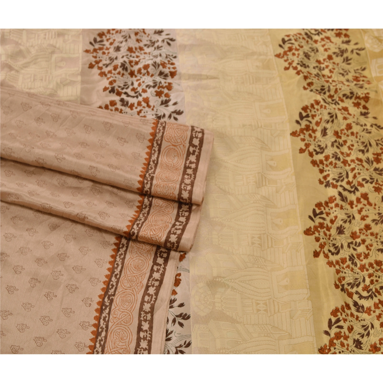 Sanskriti Vintage Fawn Sarees 100% Pure Silk Woven Craft Fabric 5 Yard Sari, PS-53612-Fawn-Woven Work-100% Pure Silk-2