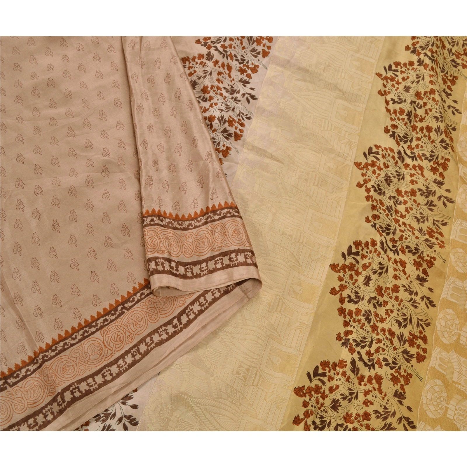 Sanskriti Vintage Fawn Sarees 100% Pure Silk Woven Craft Fabric 5 Yard Sari, PS-53612-Fawn-Woven Work-100% Pure Silk-3