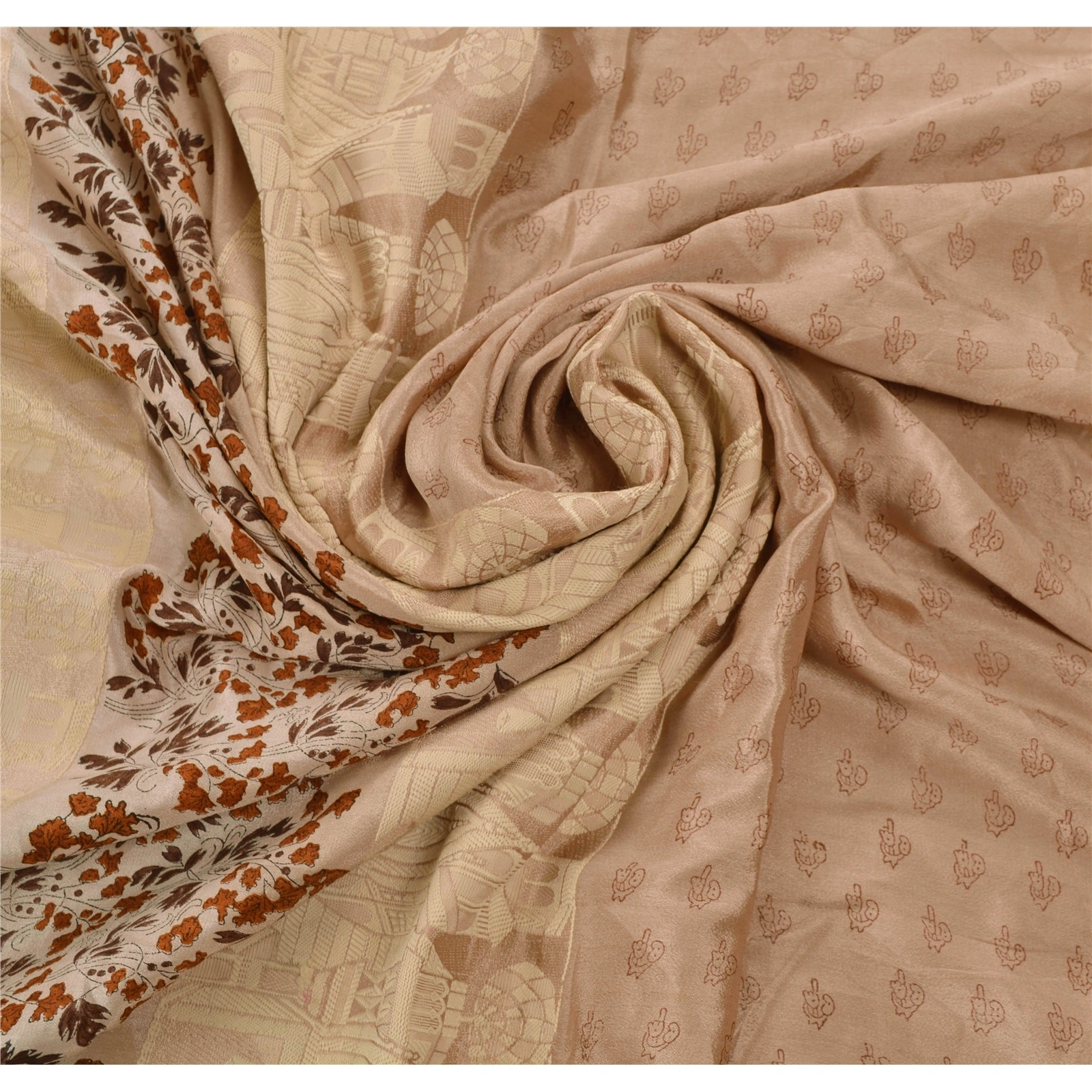 Sanskriti Vintage Fawn Sarees 100% Pure Silk Woven Craft Fabric 5 Yard Sari, PS-53612-Fawn-Woven Work-100% Pure Silk-6