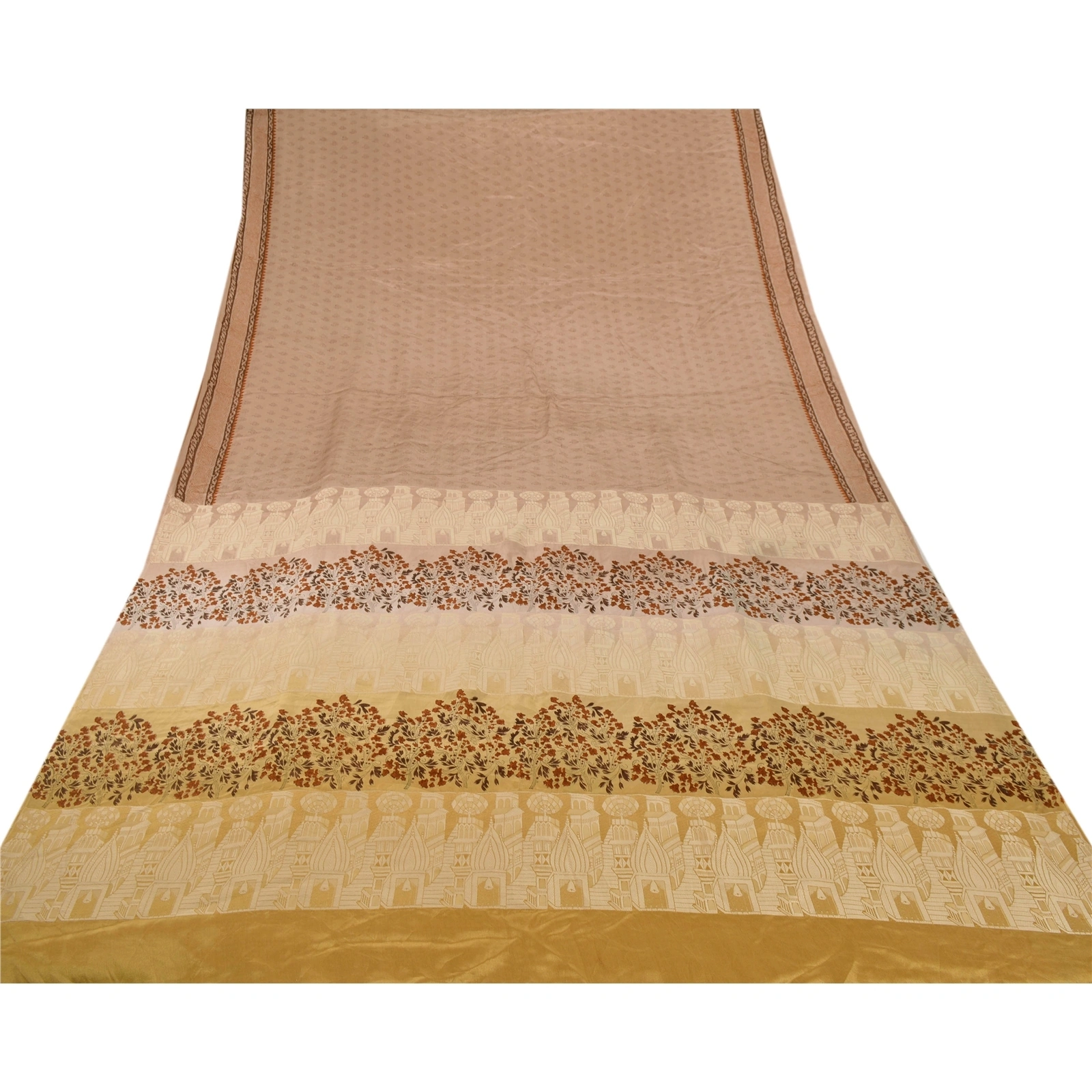 Sanskriti Vintage Fawn Sarees 100% Pure Silk Woven Craft Fabric 5 Yard Sari, PS-53612-Fawn-Woven Work-100% Pure Silk-7