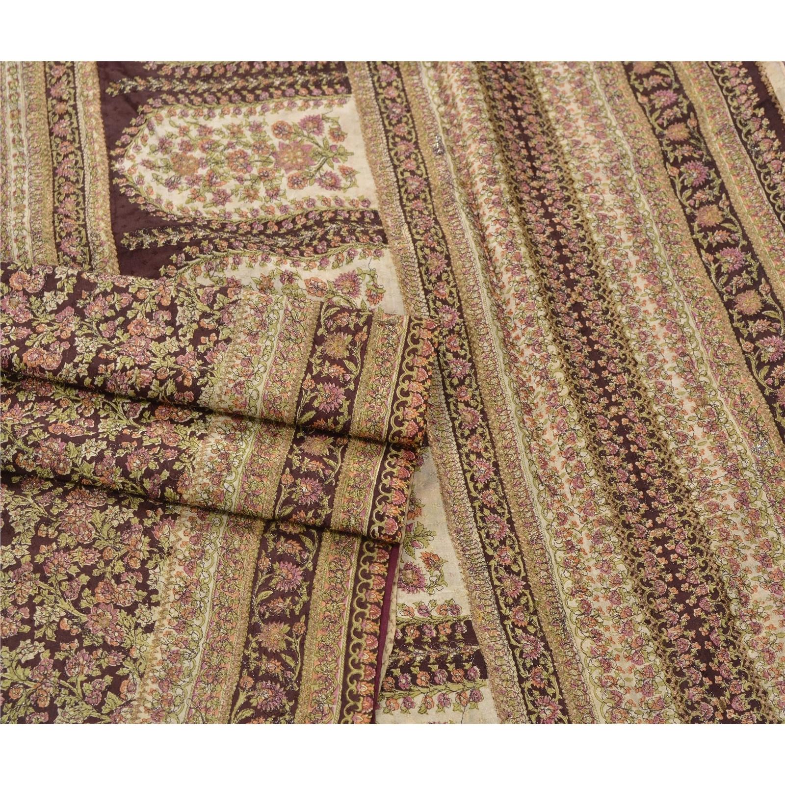 Sanskriti Vintage Brown Sarees Pure Silk Embroidered Craft Fabric 5 Yard Sari, PS-53635-Brown-Thread Work-100% Pure Silk-2