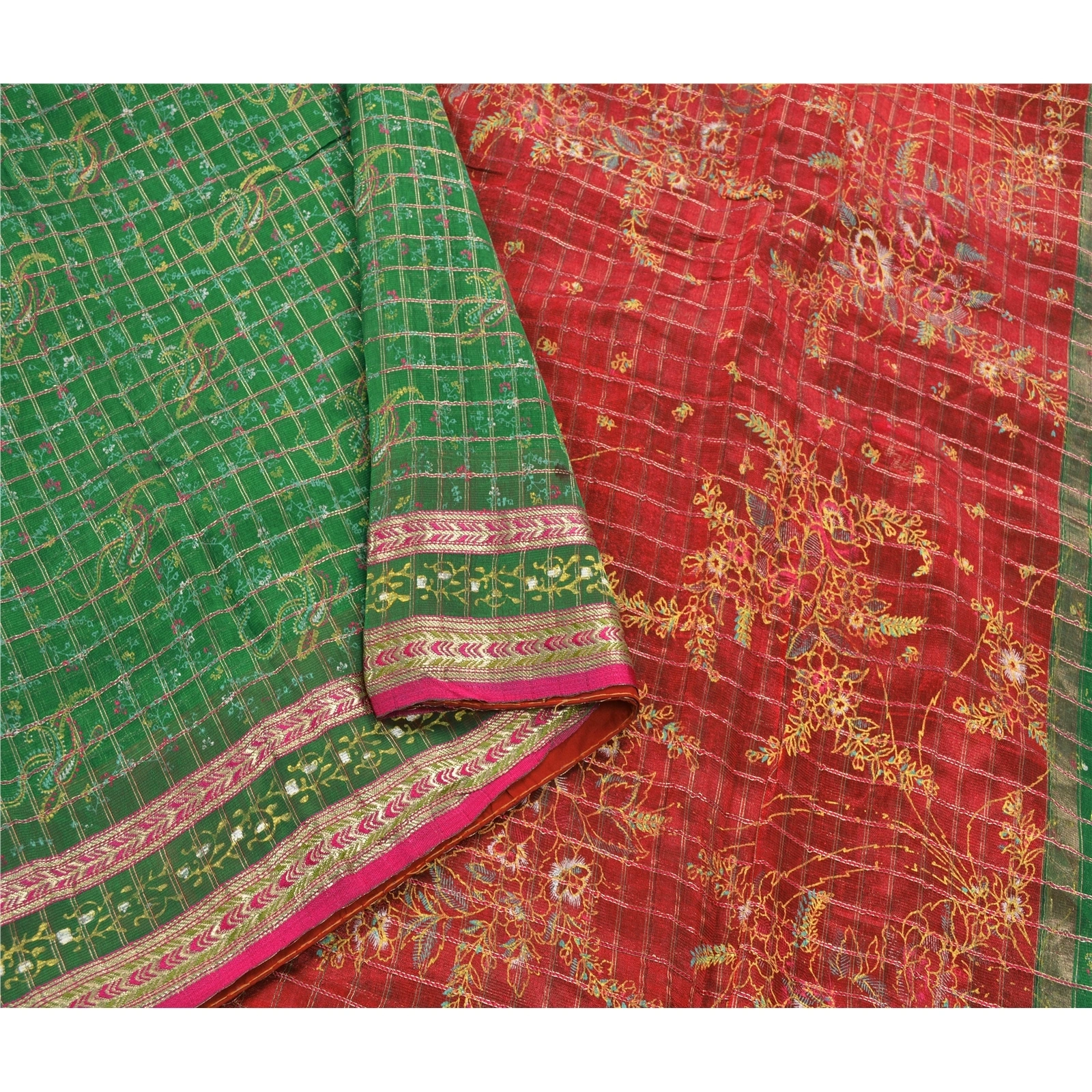 Sanskriti Vintage Green Sarees Pure Silk Woven Painted Craft Fabric Premium Sari, PS-53642-Green-Zari Work-100% Pure Silk-3