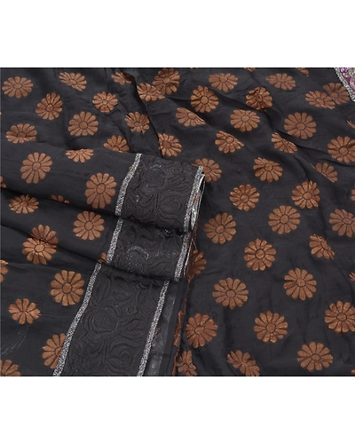 Sanskriti Vintage Sarees Pure Georgette Silk Hand Beaded Sari Fabric Blouse Pc, PS-53697-Black-Beaded Work-100% Pure Georgette Silk-2