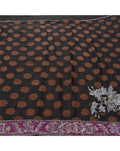 Sanskriti Vintage Sarees Pure Georgette Silk Hand Beaded Sari Fabric Blouse Pc, PS-53697-Black-Beaded Work-100% Pure Georgette Silk-5