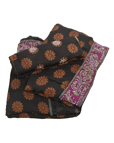 Sanskriti Vintage Sarees Pure Georgette Silk Hand Beaded Sari Fabric Blouse Pc, PS-53697-Black-Beaded Work-100% Pure Georgette Silk-7