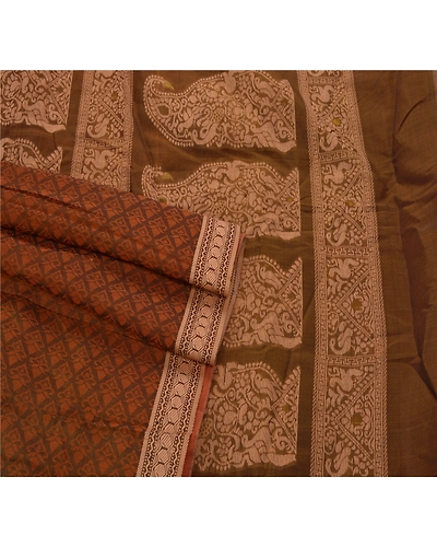 Sanskriti Vintage Green Sarees Blend Cotton Woven Craft Fabric Premium 5 Yd Sari, PS-53702-Green-Woven Work-Blend Cotton-2