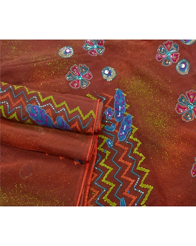 Sanskriti Vintage Sarees Pure Georgette Silk Hand Beaded Painted Fabric Sari, PS-53746-Brown-Sequins Work-100% Pure Georgette Silk-2