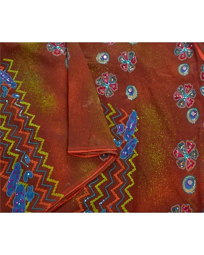 Sanskriti Vintage Sarees Pure Georgette Silk Hand Beaded Painted Fabric Sari, PS-53746-Brown-Sequins Work-100% Pure Georgette Silk-3