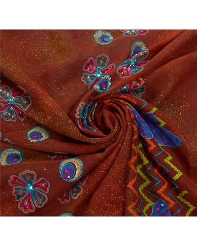Sanskriti Vintage Sarees Pure Georgette Silk Hand Beaded Painted Fabric Sari, PS-53746-Brown-Sequins Work-100% Pure Georgette Silk-6