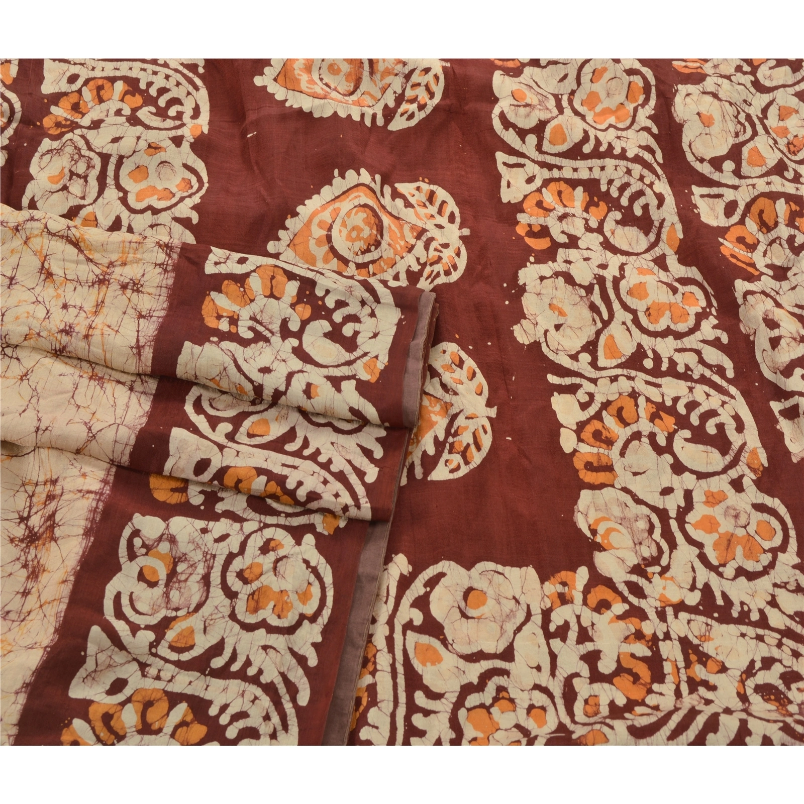 Sanskriti Vintage Cream Sarees 100% Pure Silk Batik Work Craft Fabric 5 Yd Sari, PS-53825-Cream-Batik Work-100% Pure Silk-1