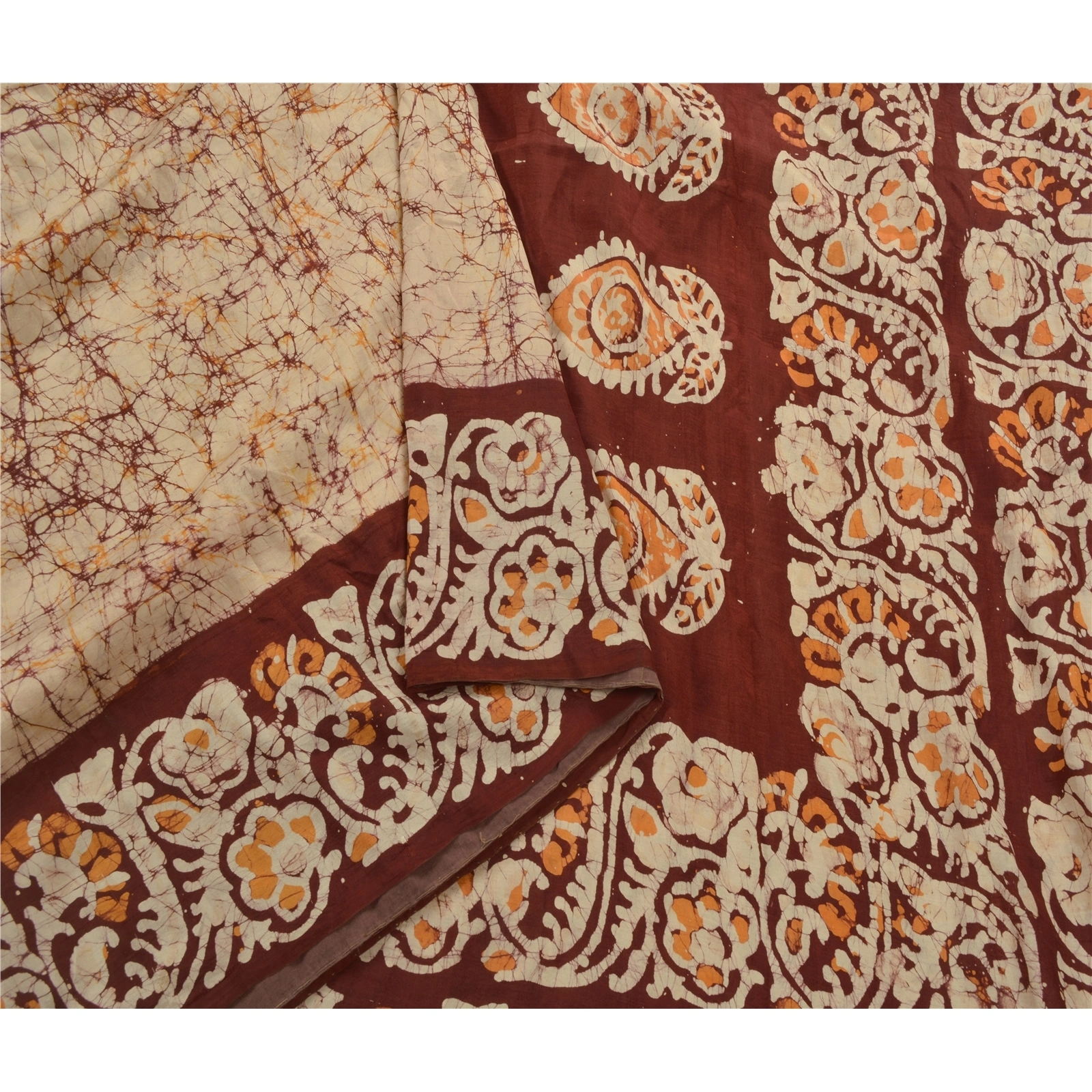 Sanskriti Vintage Cream Sarees 100% Pure Silk Batik Work Craft Fabric 5 Yd Sari, PS-53825-Cream-Batik Work-100% Pure Silk-2