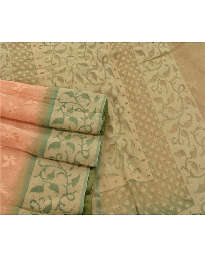 Sanskriti Vintage Peach Sarees 100% Pure Silk Woven Craft Fabric Floral Sari, PS-53850-Peach-Woven Work-100% Pure Silk-1