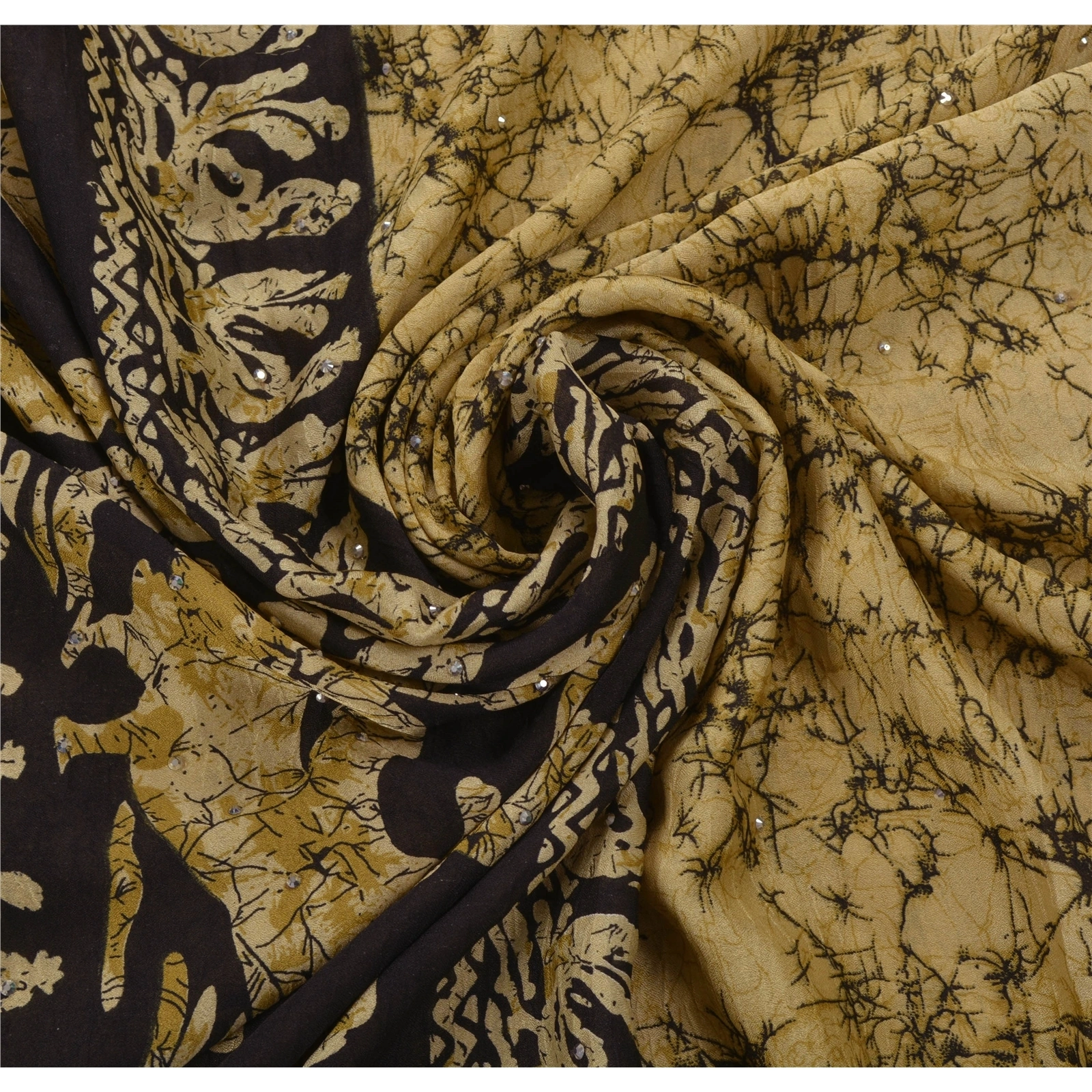 Sanskriti Vintage Cream Sarees Art Silk Batik Work Craft Fabric Hand Beaded Sari, PS-53931-Cream-Batik Work-Art Silk-6