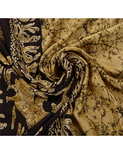 Sanskriti Vintage Cream Sarees Art Silk Batik Work Craft Fabric Hand Beaded Sari, PS-53931-Cream-Batik Work-Art Silk-6