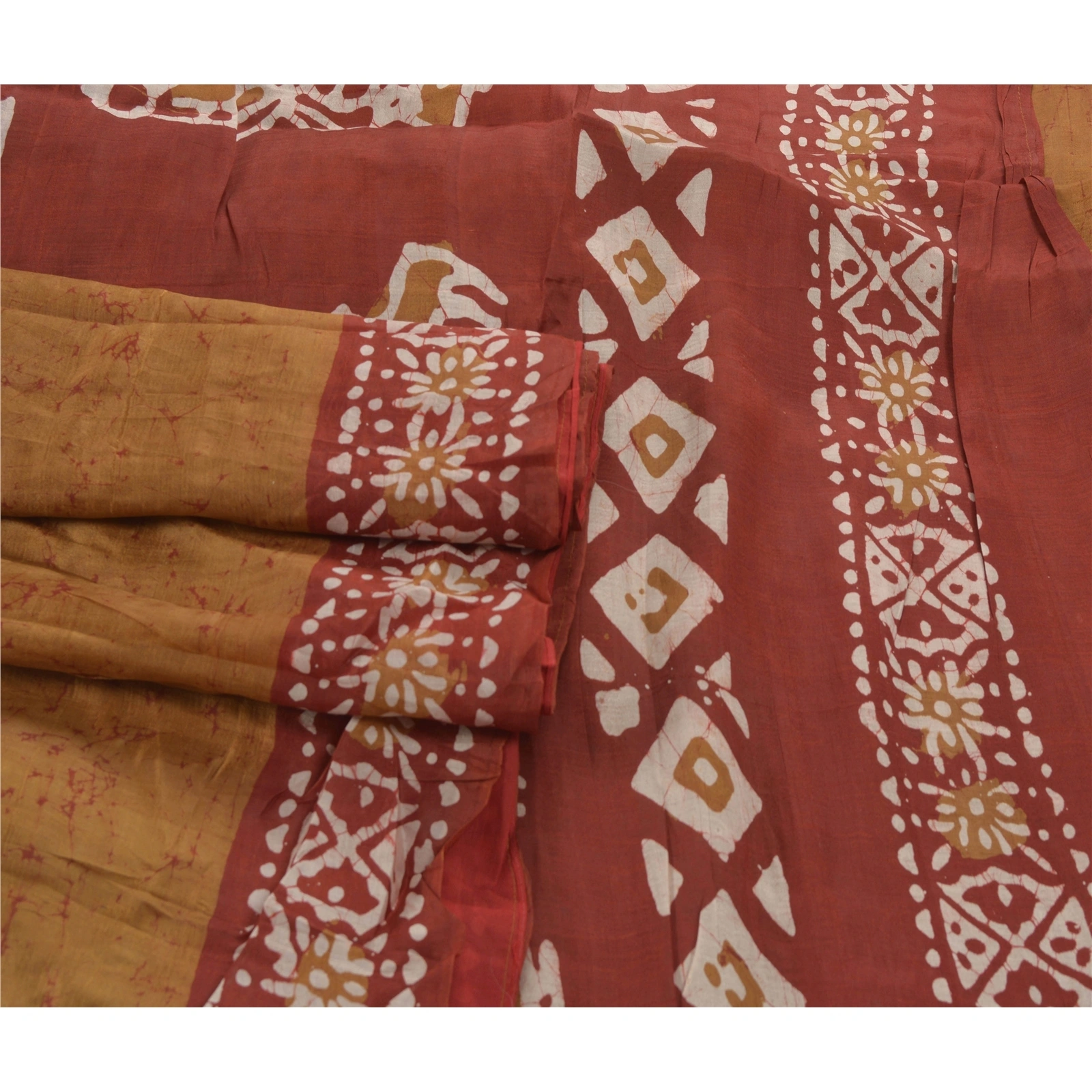 Sanskriti Vintage Brown Sarees 100% Pure Silk Batik Work Craft Fabric 5 Yd Sari, PS-53948-Brown-Batik Work-100% Pure Silk-1