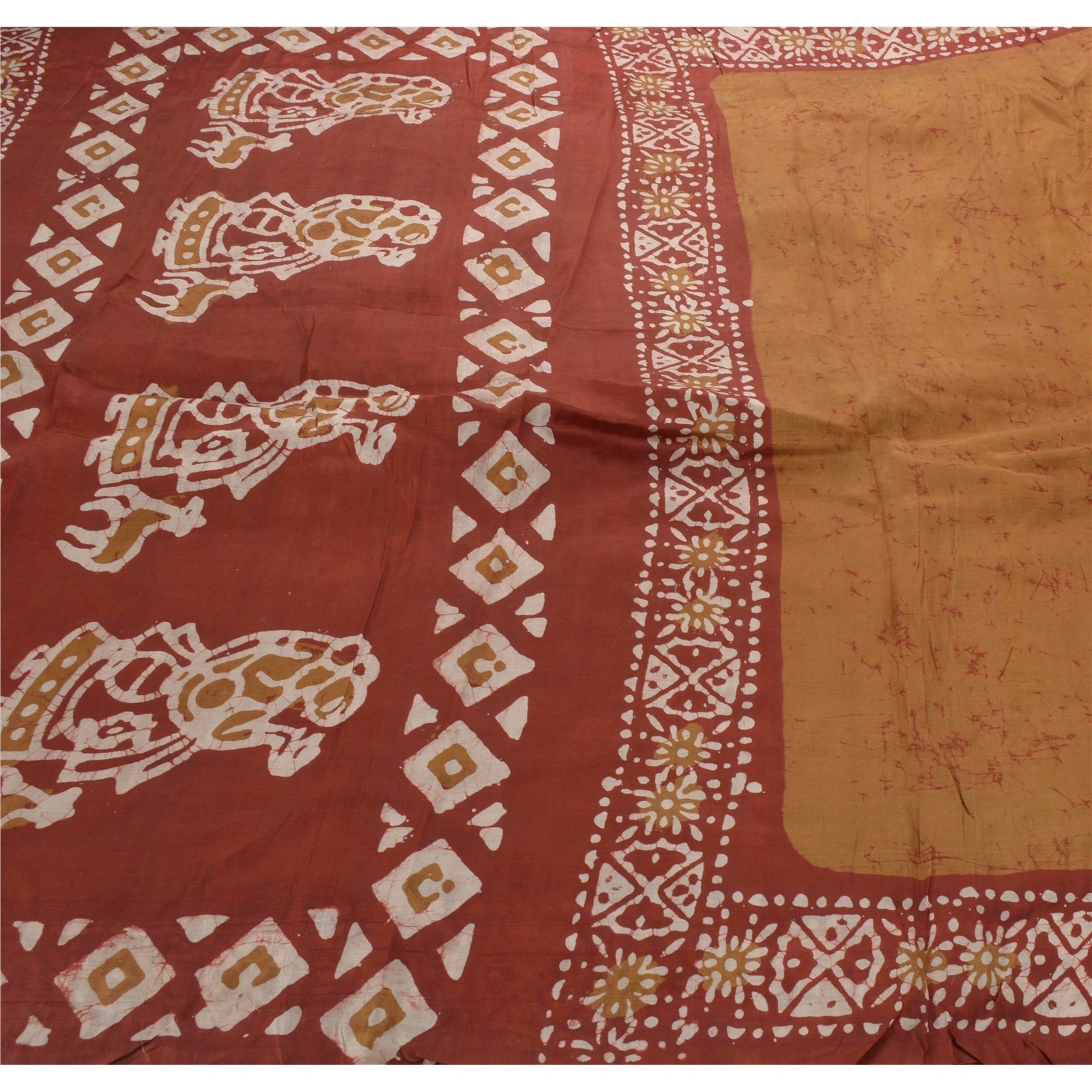 Sanskriti Vintage Brown Sarees 100% Pure Silk Batik Work Craft Fabric 5 Yd Sari, PS-53948-Brown-Batik Work-100% Pure Silk-4